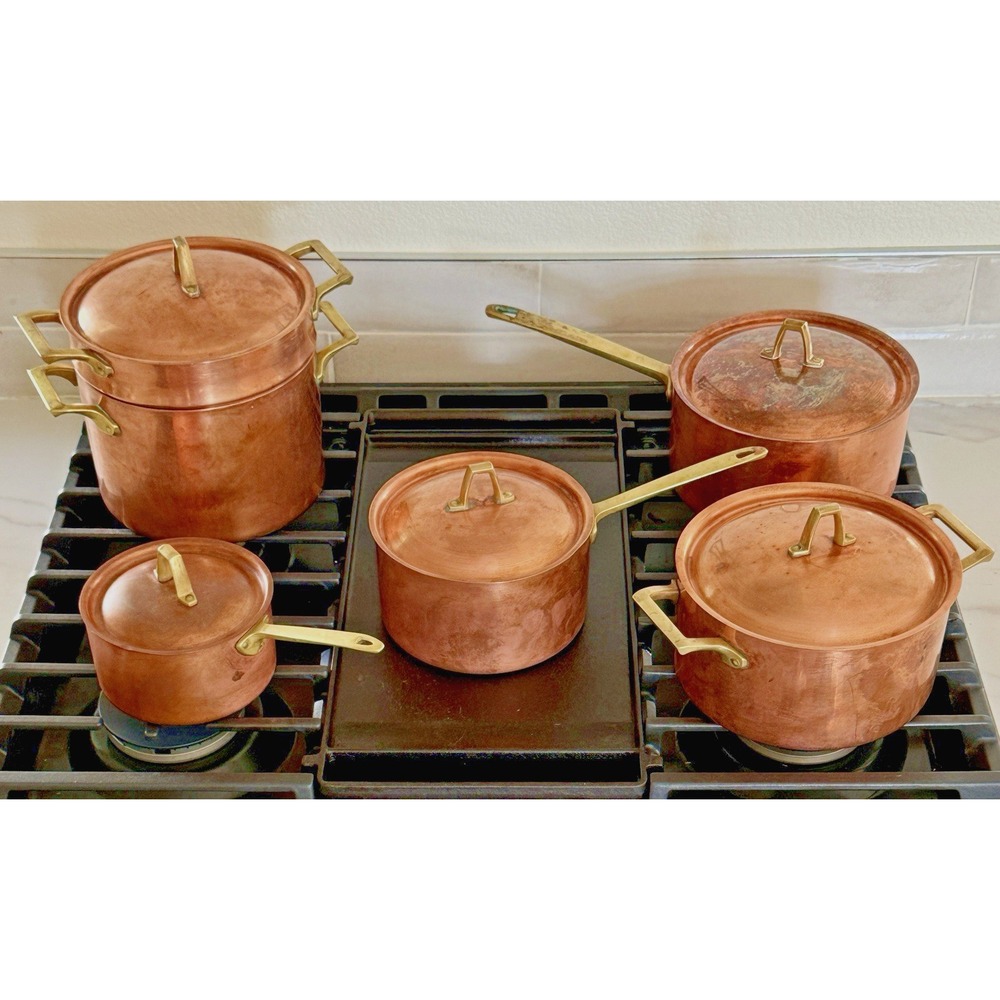 Copper Pans Paul Revere 11 Pc Cookware Set Brass Handles USA Vintage Signed